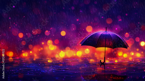 Wallpaper Mural Concept: Serene protection under night rain, design for print, card, poster with bokeh and reflection Torontodigital.ca