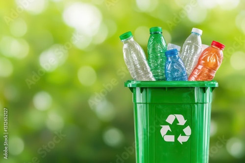 Recycling Bin Filled with Plastic Bottles in Nature Background for Eco-Friendly Initiatives