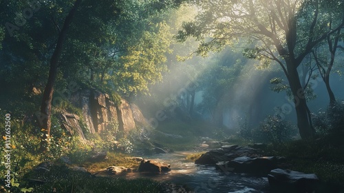 Photorealistic forest with soft morning mist, peaceful and calm, high-resolution and artistic nature photography
