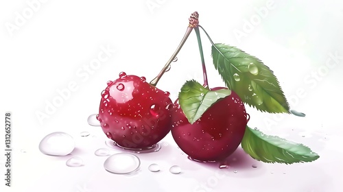 Two red cherries with green leaves, water drops on them, in a clip art style, isolated on a white background, highly detailed, realistic painting with cinematic lighting