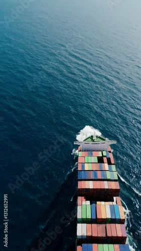 Aerial view of cargo ship navigating open ocean with colorful containers
