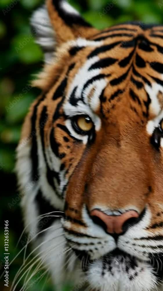 Majestic tiger gazes intensely amidst lush jungle setting Majestic tiger gazes intensely amidst lush jungle setting