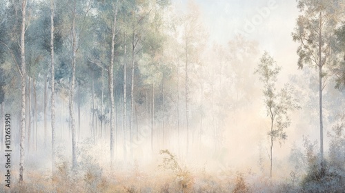Photorealistic forest with soft morning mist, peaceful and calm, high-resolution and artistic nature photography