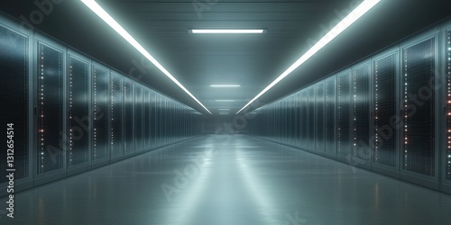 Modern data center corridor with rows of servers and bright overhead lights showcasing technological infrastructure