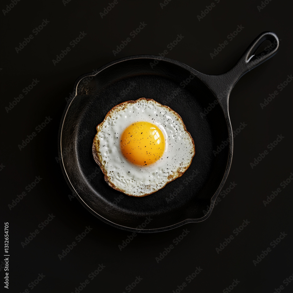 A cast-iron skillet with a freshly cooked egg, top-down view, ultra-clean details