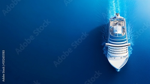 An aerial view reveals a cruise ship sailing on the ocean