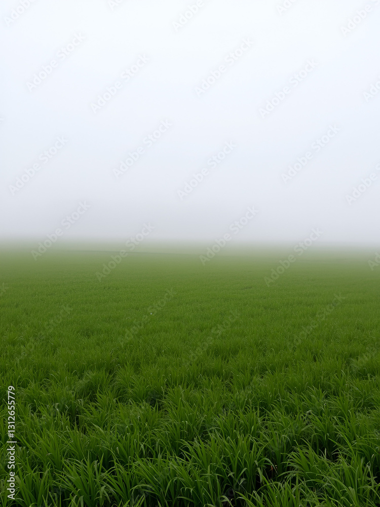 Misty green field landscape with fog obscuring distant trees. Misty green field landscape with fog obscuring distant trees.