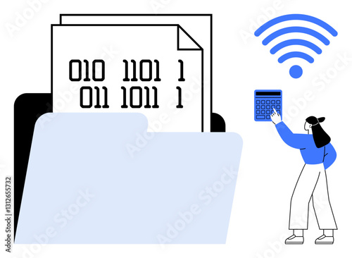 Open folder with binary code documents, wireless symbol, and person calculating. Ideal for data management, coding, cloud storage, connectivity, analytics, computation and secure information