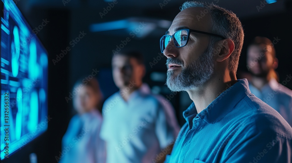 Serious Man Analyzing Blue Digital Data Screen Technology Information Professional Team Business Research Development Modern Workplace Futuristic Serious Man Analyzing Blue Digital Data Screen Technology Information Professional Team Business Research Development Modern Workplace Futuristic
