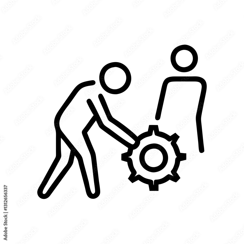 People collaborating icon with gear, teamwork concept People collaborating icon with gear, teamwork concept