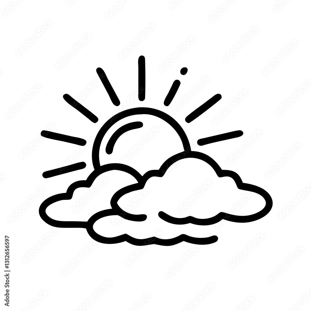 Sun icon shining behind clouds, nature and weather concept Sun icon shining behind clouds, nature and weather concept