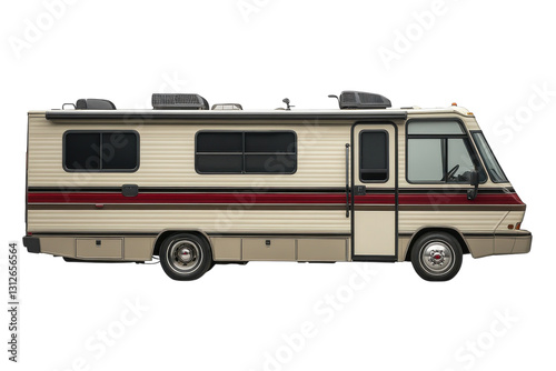 Classic RV parked under bright sunlight showcasing retro design and colorful stripes in a vibrant outdoor setting