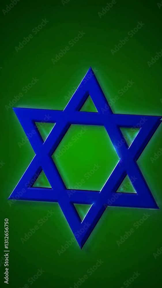 Illuminated blue star of david on vibrant green background with dynamic light effects