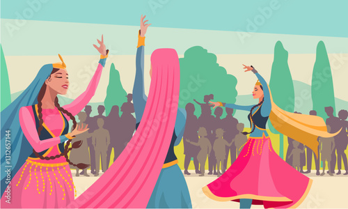 Girls dancing folklore in traditional costumes, Asian culture