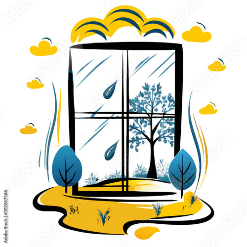 Spring rain on window icon in yellow and blue tones.