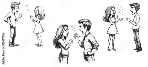 set of hand-drawn sketch of couples fighting