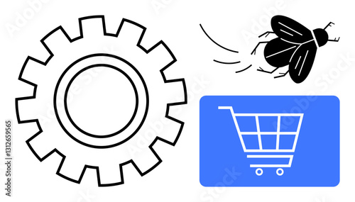 Gearwheel for process, fly symbolizing disruption, and shopping cart for commerce highlight concepts of innovation, change, and modern business. Ideal for technology, retail, strategy