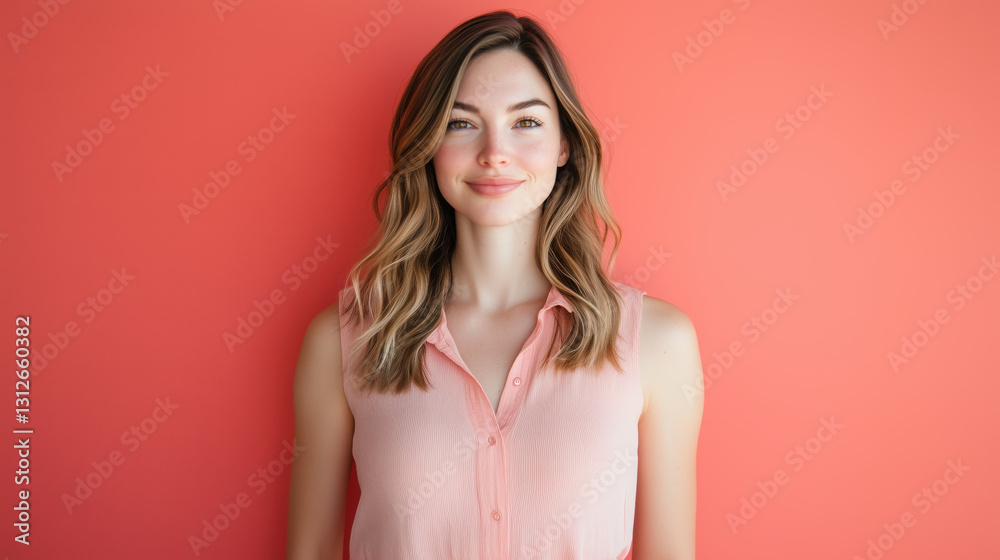 Obraz premium A woman in her late 20s standing with a proud posture, highlighting her sculpted physique in a sleeveless shirt, against a solid coral background