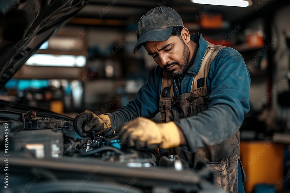 Skilled Indian mechanic examining engine in workshop
Skilled Indian mechanic examining engine in workshop