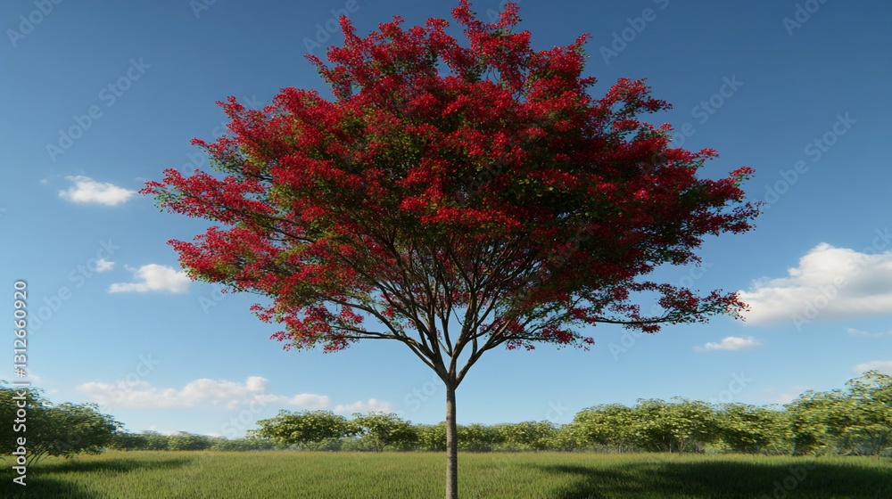 Red tree blossoms, sunny field, landscape design Red tree blossoms, sunny field, landscape design