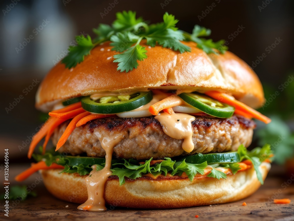 Close-up of a delicious Asian-inspired burger dripping with sauce. Close-up of a delicious Asian-inspired burger dripping with sauce.