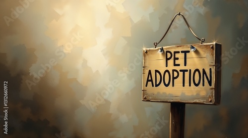 Rustic wooden sign for pet adoption against a soft abstract background with copy space