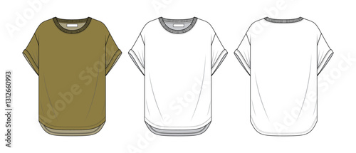 Women's and Teen Girls' Basic T-Shirt – Technical Flat Sketch with Round Neck and Folded Sleeves (Front & Back View)