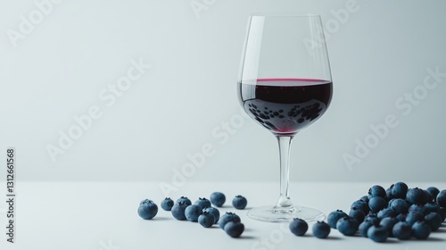 Glass of Red Wine Surrounded by Fresh Blueberries on Soft Gray Surface