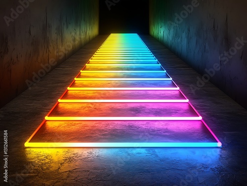 Rainbow Neon Steps in Dark Alley