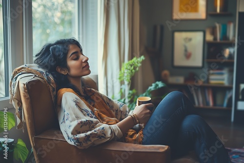 serene indian individual enjoying a peaceful moment with a cup in soft surroundings  
