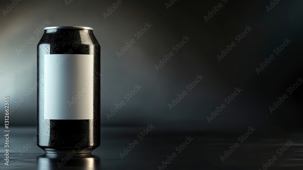 Sleek Beverage Can on Dark Backdrop: A modern, metallic beverage can with a blank label stands centered against a dark, subtly lit backdrop, the image conveying simplicity and product readiness. Sleek Beverage Can on Dark Backdrop: A modern, metallic beverage can with a blank label stands centered against a dark, subtly lit backdrop, the image conveying simplicity and product readiness.