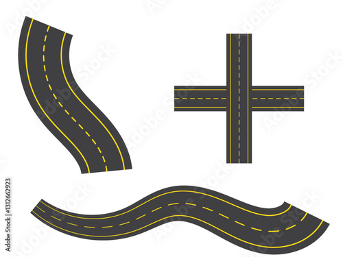 Road asphalt highway street seamless element. Asphalt Roads with Yellow and White Lines.