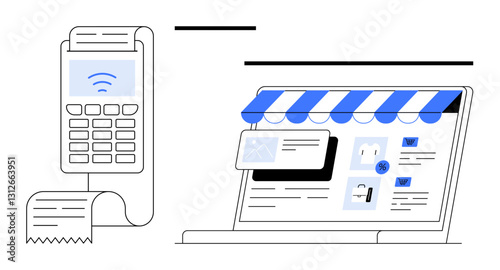 Payment terminal with a receipt and wireless sensor beside a laptop screen with an online storefront. Ideal for e-commerce, retail, payment processing, digital economy, shopping, business innovation
