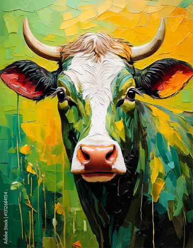 portrait of a cow, Cute cow on green yellow background, watercolor cute animal paint design, animals painting wall art vector