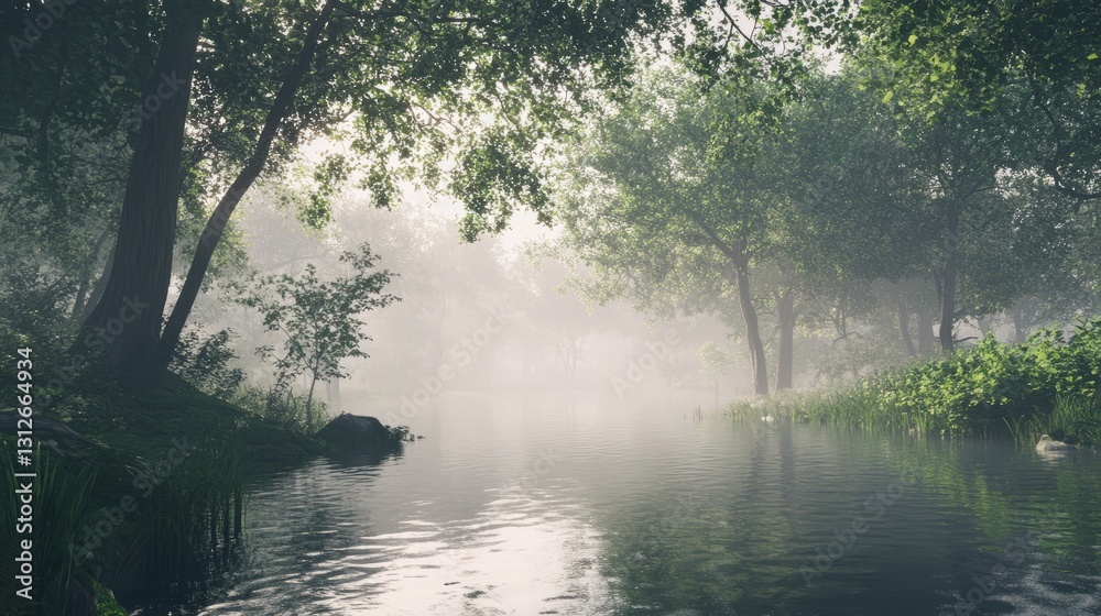 Photorealistic forest with soft morning mist, peaceful and calm, high-resolution and artistic nature photography Photorealistic forest with soft morning mist, peaceful and calm, high-resolution and artistic nature photography