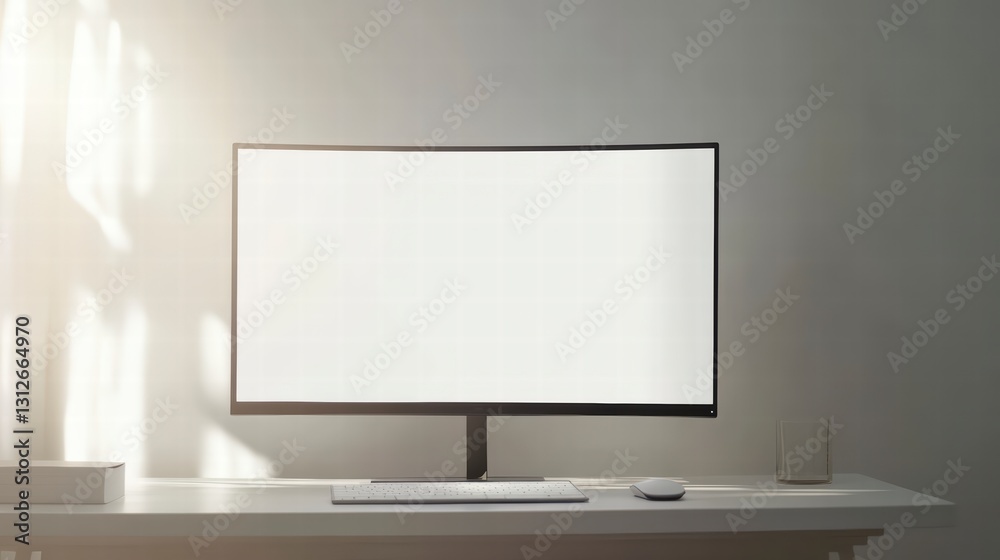 Clean Minimalist Workspace: Modern curved computer monitor with blank white screen sits on a clean white desk bathed in soft sunlight. perfect for mockups, presentations or showcasing your work. Clean Minimalist Workspace: Modern curved computer monitor with blank white screen sits on a clean white desk bathed in soft sunlight. perfect for mockups, presentations or showcasing your work.