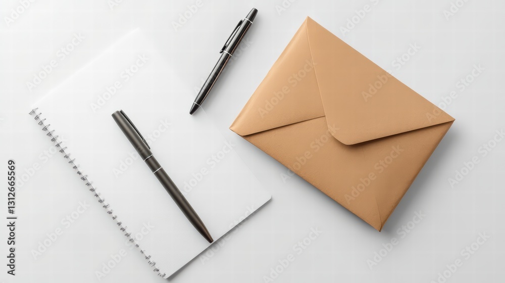 Crafting Correspondence: An overhead view presents a stationery ensemble consisting of a notepad, pens, and an envelope, inviting creative writing and communication. Crafting Correspondence: An overhead view presents a stationery ensemble consisting of a notepad, pens, and an envelope, inviting creative writing and communication.