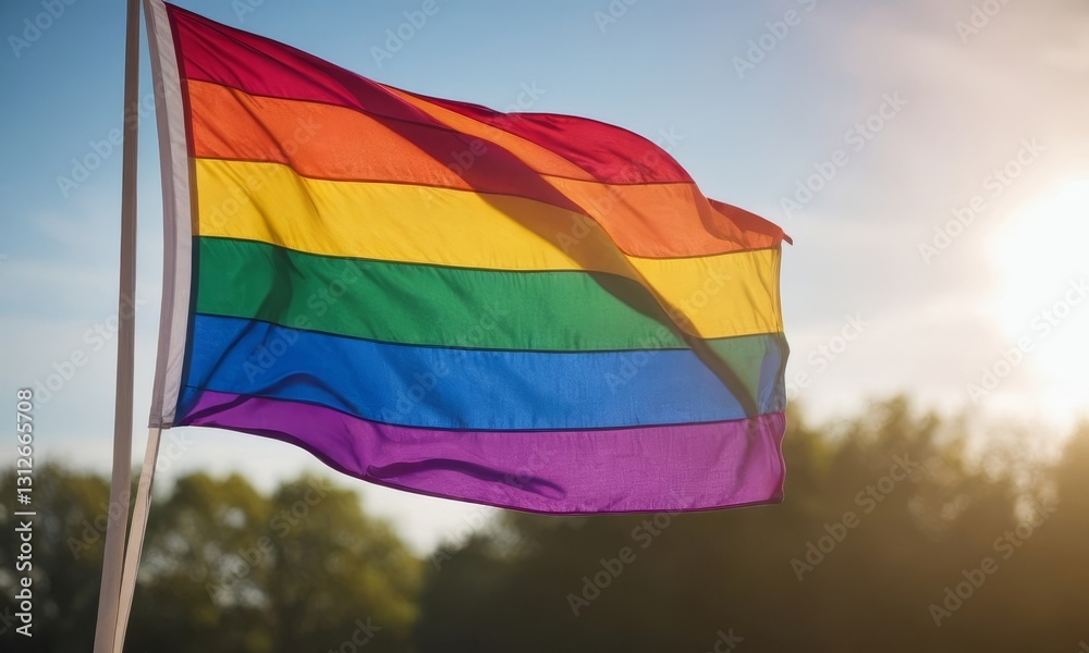 Vibrant Pride Flag Waving Proudly Against a Sunny Sky Backdrop Vibrant Pride Flag Waving Proudly Against a Sunny Sky Backdrop