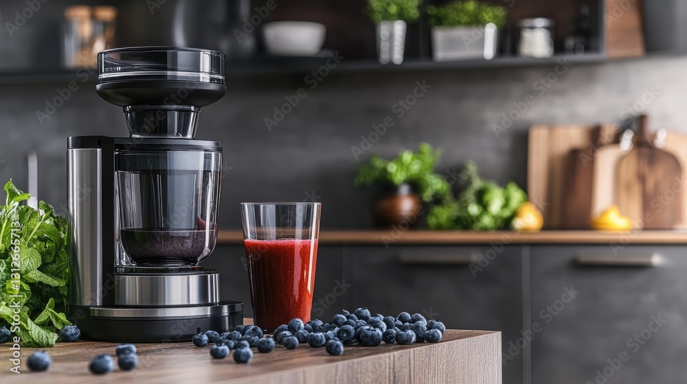 Modern Kitchen Countertop with Juicer and Fresh Ingredients Including Berries and Herbs with Stylish Background Modern Kitchen Countertop with Juicer and Fresh Ingredients Including Berries and Herbs with Stylish Background