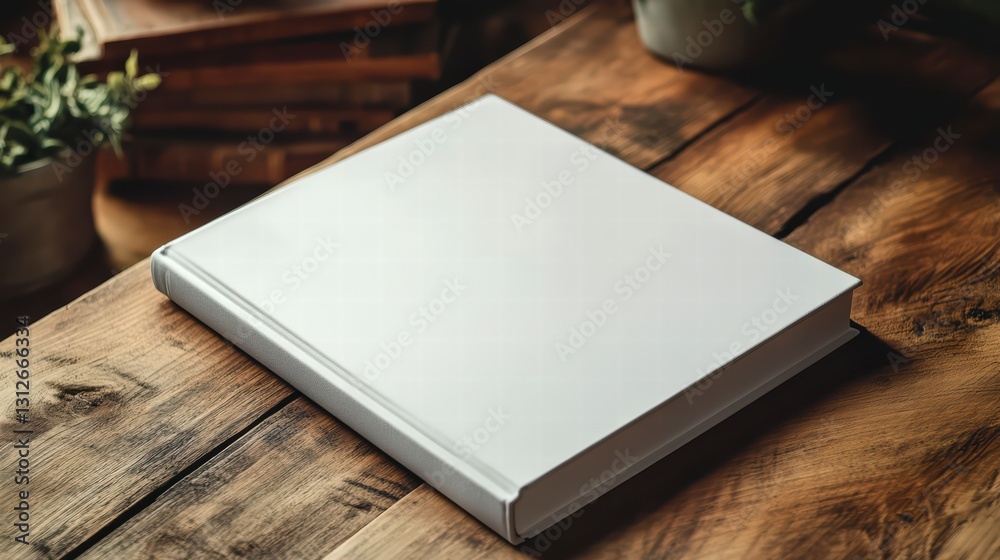 Fototapeta premium The Novel's Promise: An inviting, blank book rests on a weathered, textured wooden surface, beckoning with possibilities of untold stories, intellectual exploration and reading pleasure.