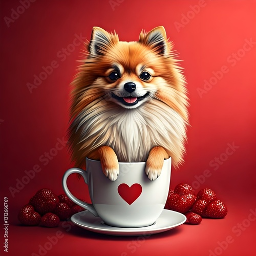 Digital matte picture with a small Spitz dog sitting in a cup with hearts. Valentine's Day theme The picture is drawn in a pop art style.