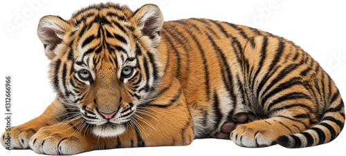 Tiger Cub: A captivating view of a vibrant tiger cub, showcasing its striking orange and black stripes and endearing gaze, symbolizing wildlife beauty.