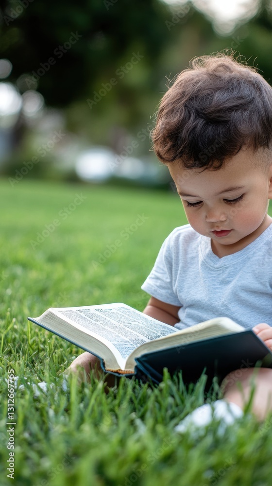 A child looking intently at the Bible while sitting on the grass . A child looking intently at the Bible while sitting on the grass .