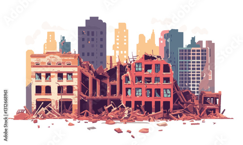 Destroyed Urban Landscape with Demolished Buildings in Flat Minimalist Vector Style