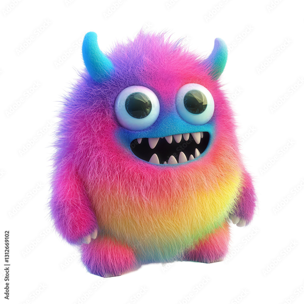 Naklejka premium A colorful furry monster character stands cheerful in a bright and playful manner, colorful furry and cute monster, 3D render character cartoon style Isolated on transparent background