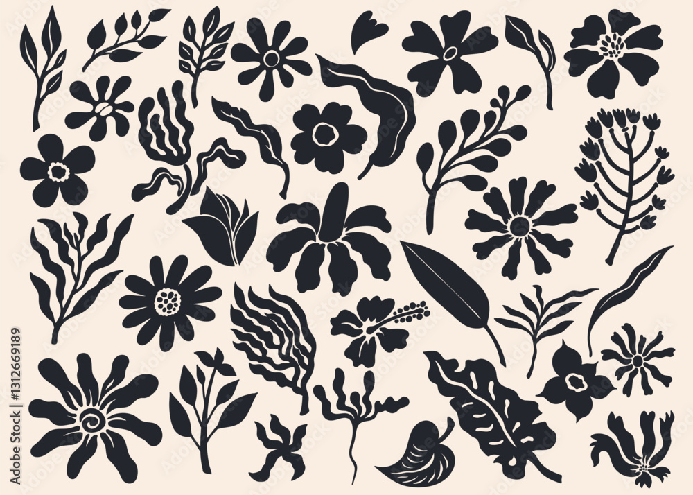 Fototapeta premium Big Set Of Flower And Leaves Silhouettes. Hand Drawn Black Floral Design Elements, Shapes, Icons. Wild And Garden Flowers, Leaves Vector Set Outline. Group Flowers Silhouette. Vector Illustration.