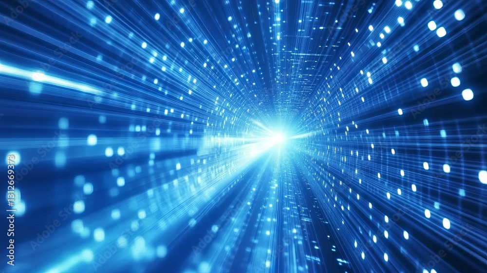 Naklejka premium Abstract Blue Digital Tunnel Light Rays Speed Technology Background Futuristic Network Data Stream Bright Sparkling Glowing Lines Modern Design