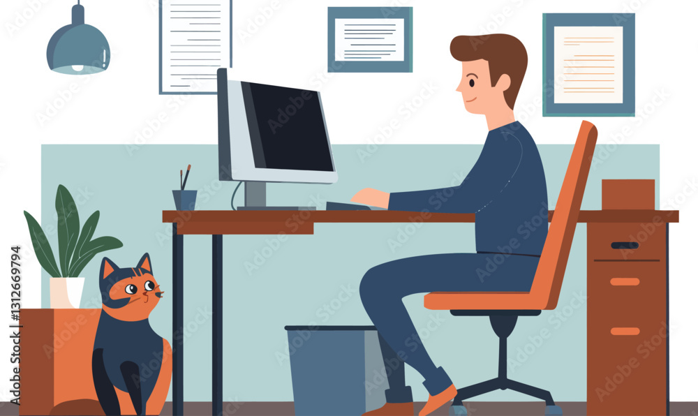 Minimalist Home Office Setup with Man and Cat in Flat Vector Style Minimalist Home Office Setup with Man and Cat in Flat Vector Style