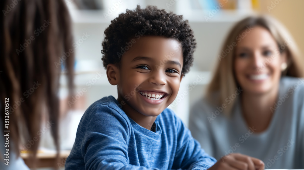 Happy child interacting with adults in a cozy indoor setting during afternoon gathering Happy child interacting with adults in a cozy indoor setting during afternoon gathering