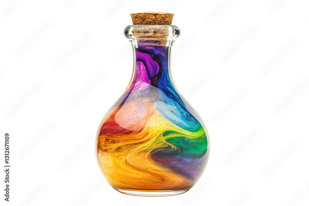 a glass bottle with colorful liquid on a white background a glass bottle with colorful liquid on a white background